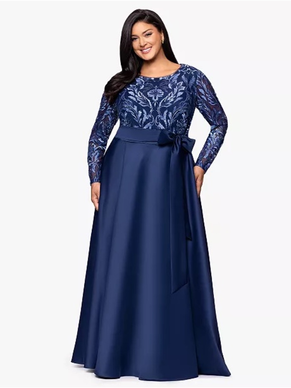 Plus Boat Neck Sequin Mesh Long Ball Gown